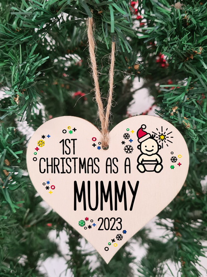 Handmade Wooden Christmas Hanging Heart Plaque Gift 1st Xmas as a Mummy new baby family celebration tree decoration present for family