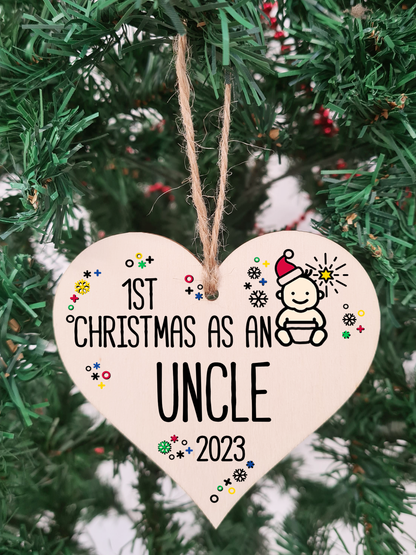 Handmade Wooden Christmas Hanging Heart Plaque Gift 1st Xmas as an Uncle new baby family celebration tree decoration present for family