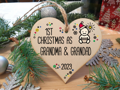 Handmade Wooden Christmas Hanging Heart Plaque Gift 1st Xmas as Grandparents new baby family celebration tree decoration present for family