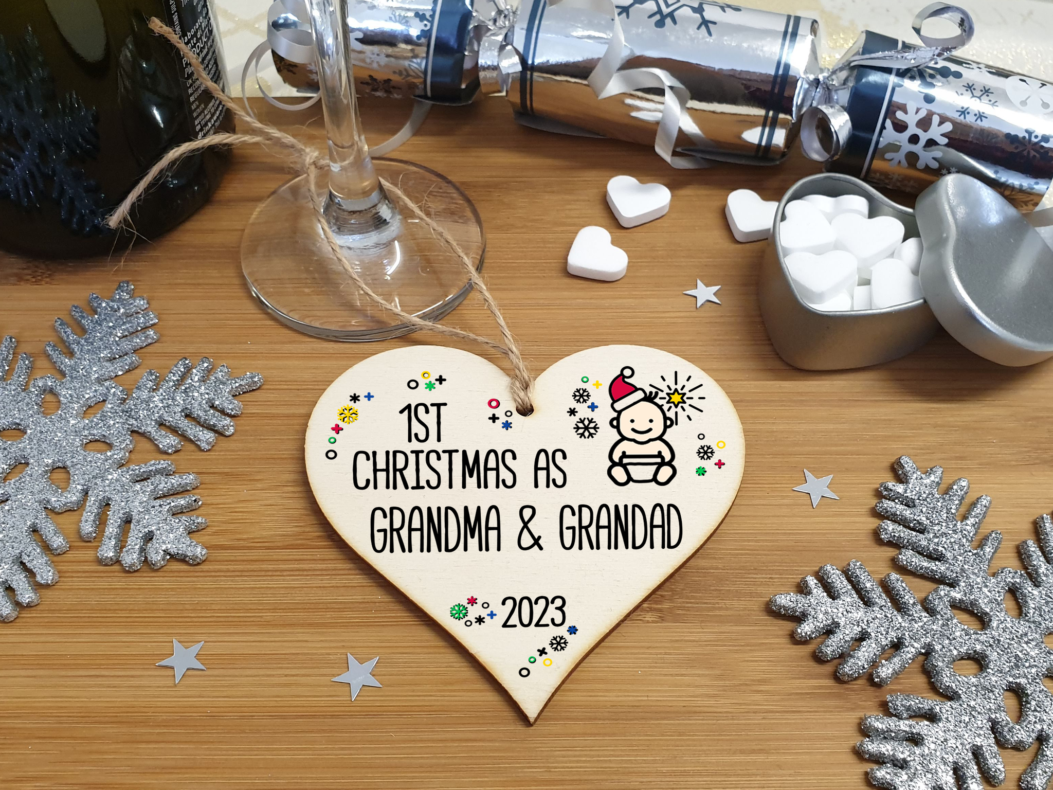 Handmade Wooden Christmas Hanging Heart Plaque Gift 1st Xmas as Grandparents new baby family celebration tree decoration present for family