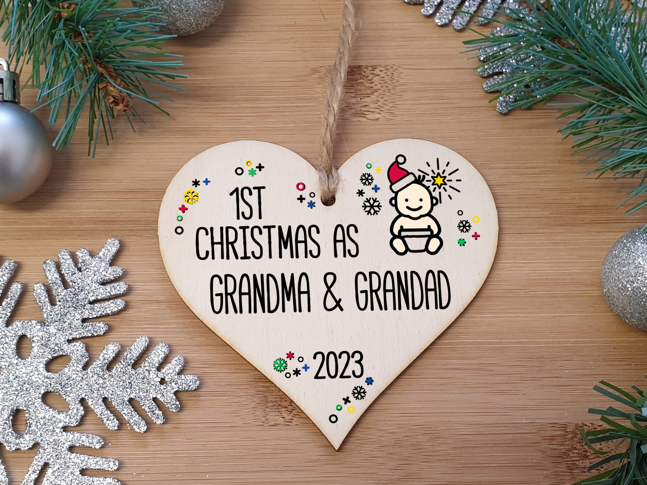 Handmade Wooden Christmas Hanging Heart Plaque Gift 1st Xmas as Grandparents new baby family celebration tree decoration present for family