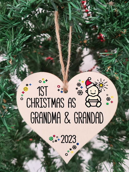 Handmade Wooden Christmas Hanging Heart Plaque Gift 1st Xmas as Grandparents new baby family celebration tree decoration present for family