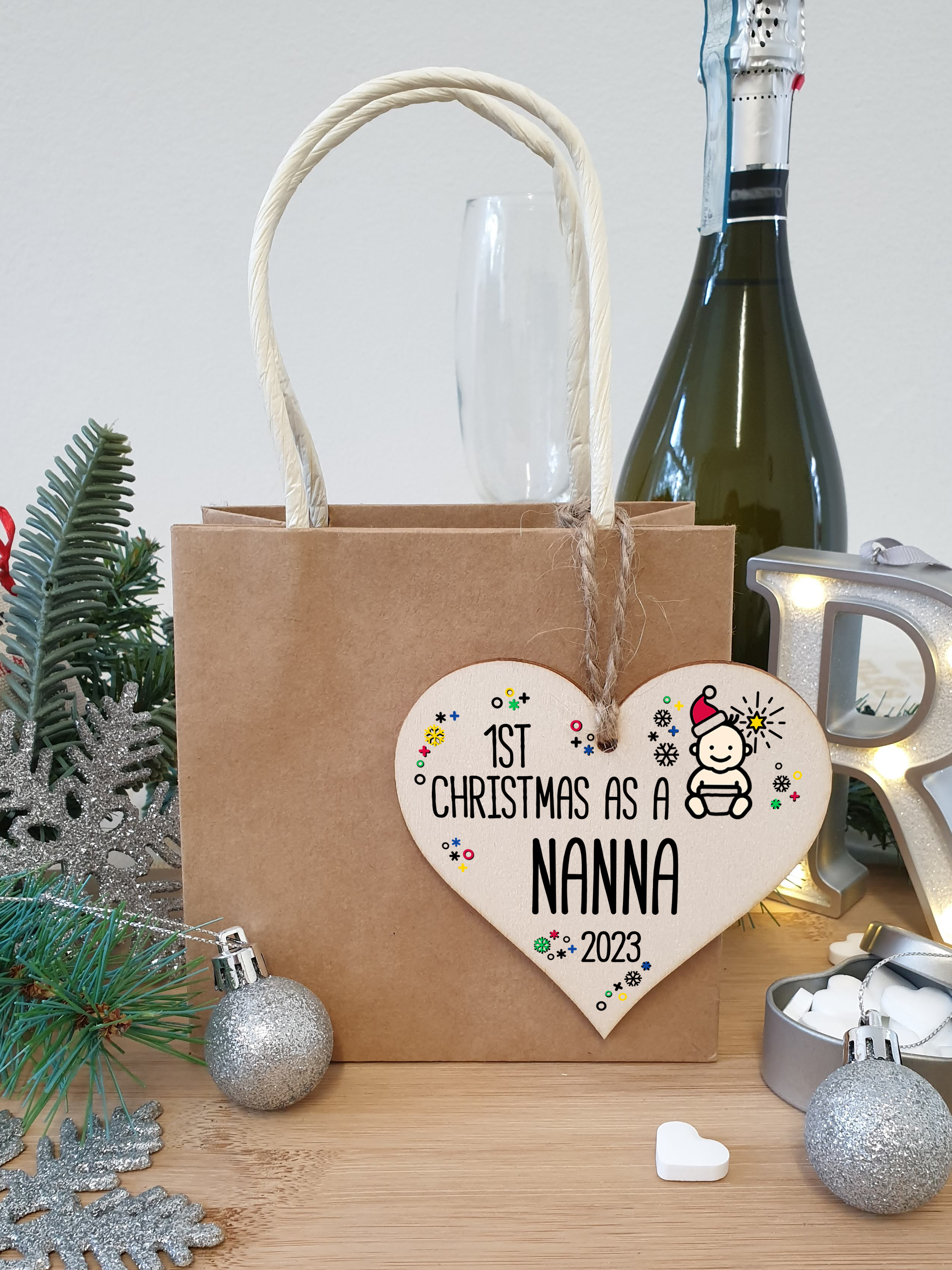 Handmade Wooden Christmas Hanging Heart Plaque Gift 1st Xmas as a Nanna new baby family celebration tree decoration present for family