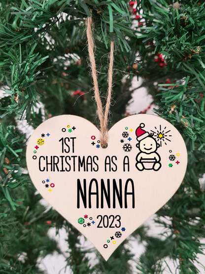 Handmade Wooden Christmas Hanging Heart Plaque Gift 1st Xmas as a Nanna new baby family celebration tree decoration present for family