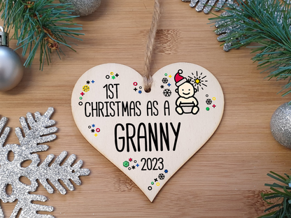 Handmade Wooden Christmas Hanging Heart Plaque Gift 1st Xmas as a Granny new baby family celebration tree decoration present for family