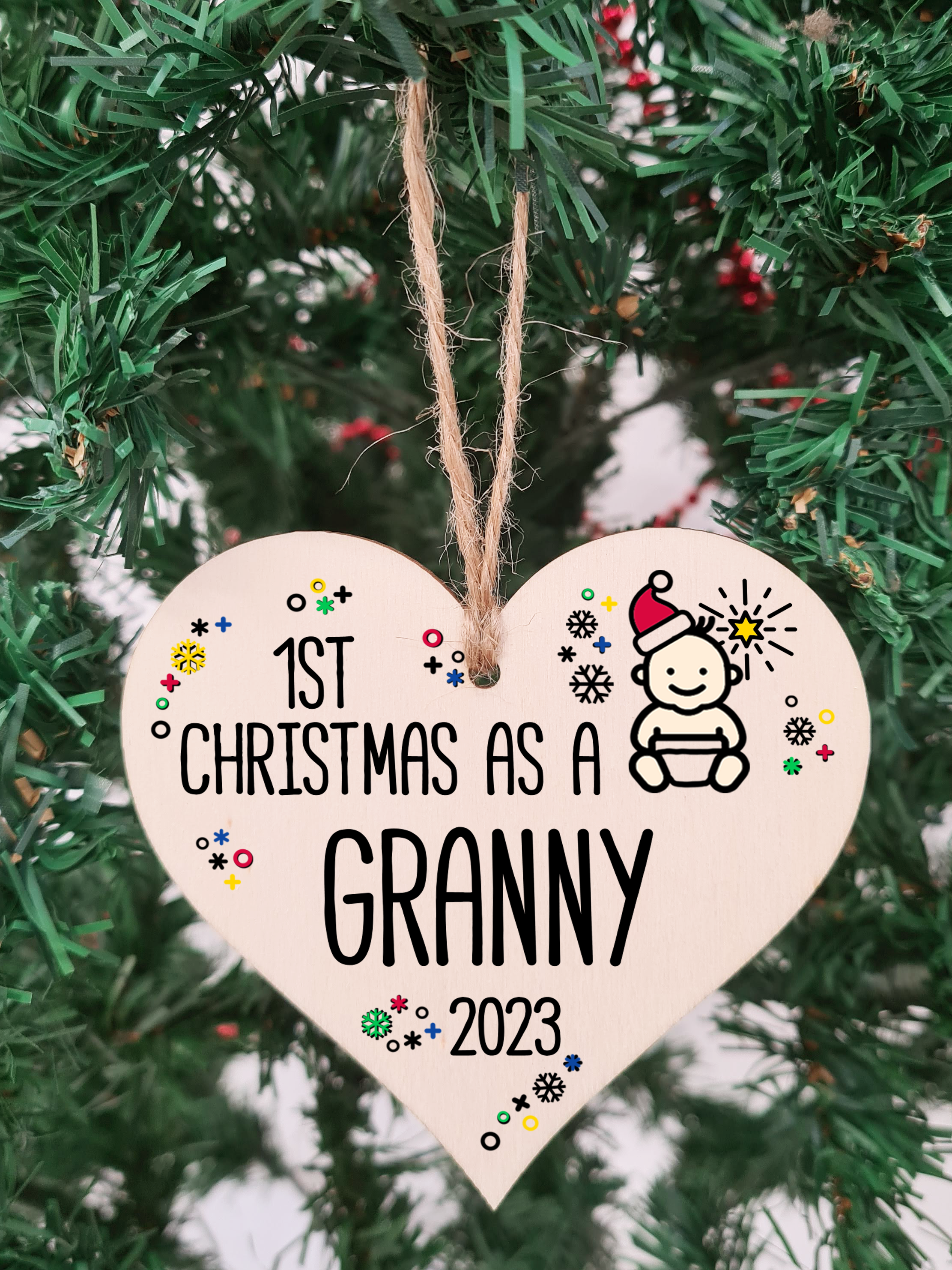 Handmade Wooden Christmas Hanging Heart Plaque Gift 1st Xmas as a Granny new baby family celebration tree decoration present for family