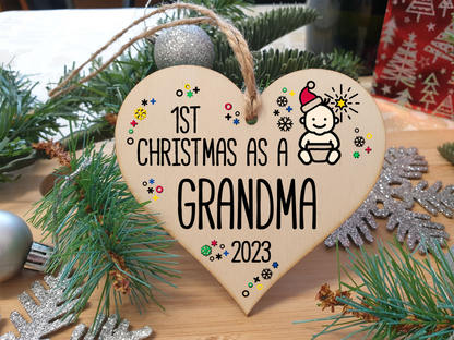Handmade Wooden Christmas Hanging Heart Plaque Gift 1st Xmas as a Grandma new baby family celebration tree decoration present for family