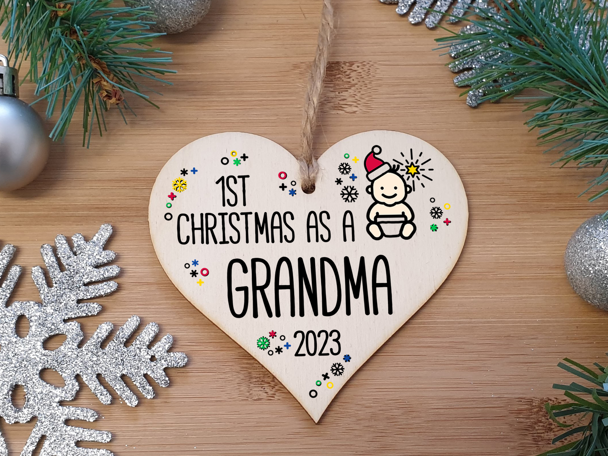 Handmade Wooden Christmas Hanging Heart Plaque Gift 1st Xmas as a Grandma new baby family celebration tree decoration present for family