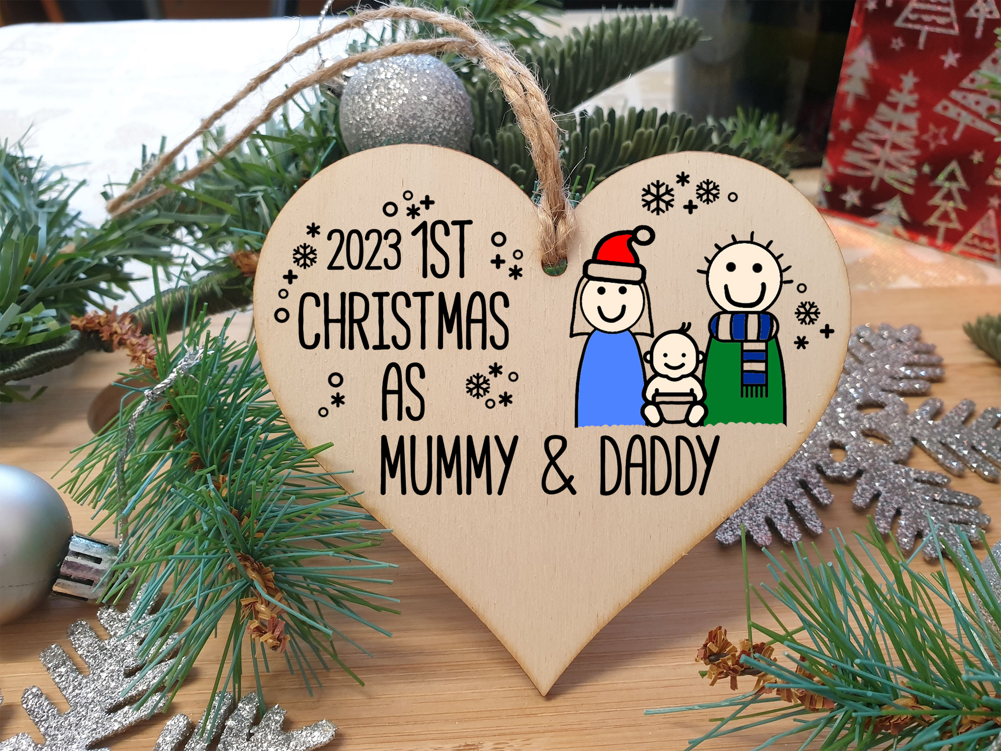 Handmade Wooden Christmas Hanging Heart Plaque Gift 1st Xmas as Mummy & Daddy commemorate new baby arrival new family present tree decoration