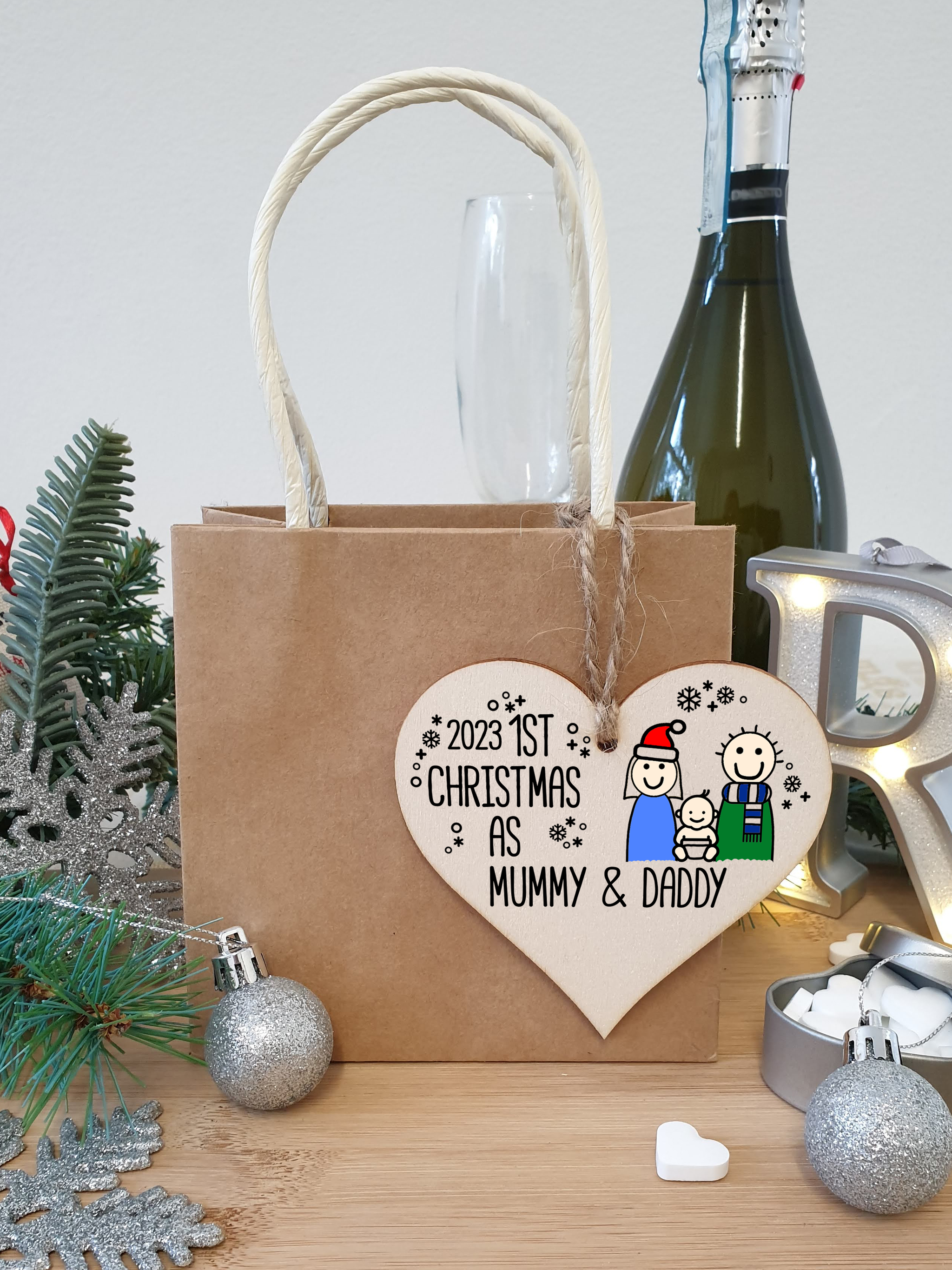 Handmade Wooden Christmas Hanging Heart Plaque Gift 1st Xmas as Mummy & Daddy commemorate new baby arrival new family present tree decoration