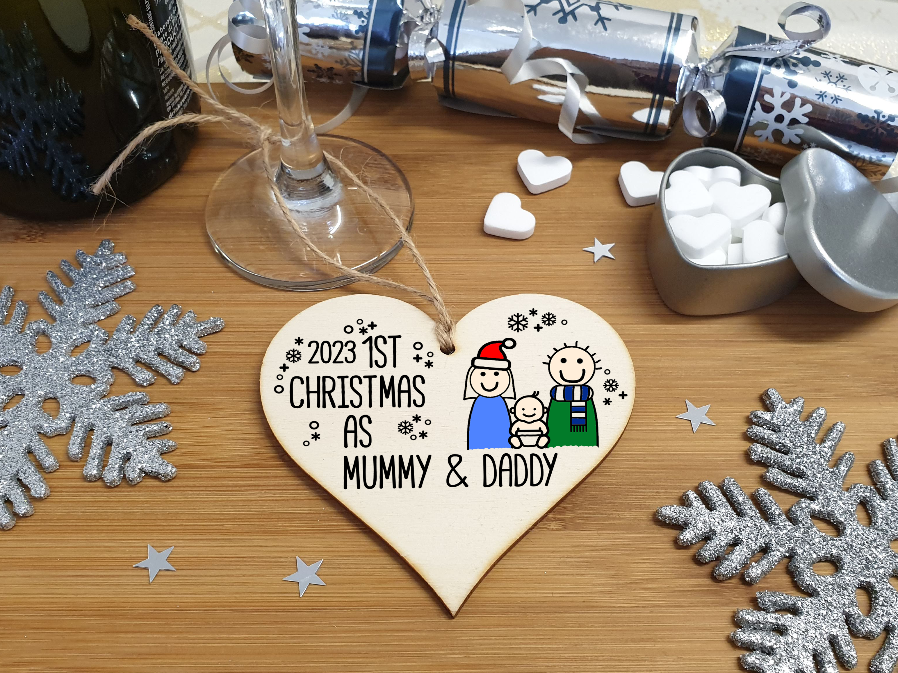 Handmade Wooden Christmas Hanging Heart Plaque Gift 1st Xmas as Mummy & Daddy commemorate new baby arrival new family present tree decoration
