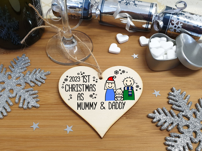 Handmade Wooden Christmas Hanging Heart Plaque Gift 1st Xmas as Mummy & Daddy commemorate new baby arrival new family present tree decoration
