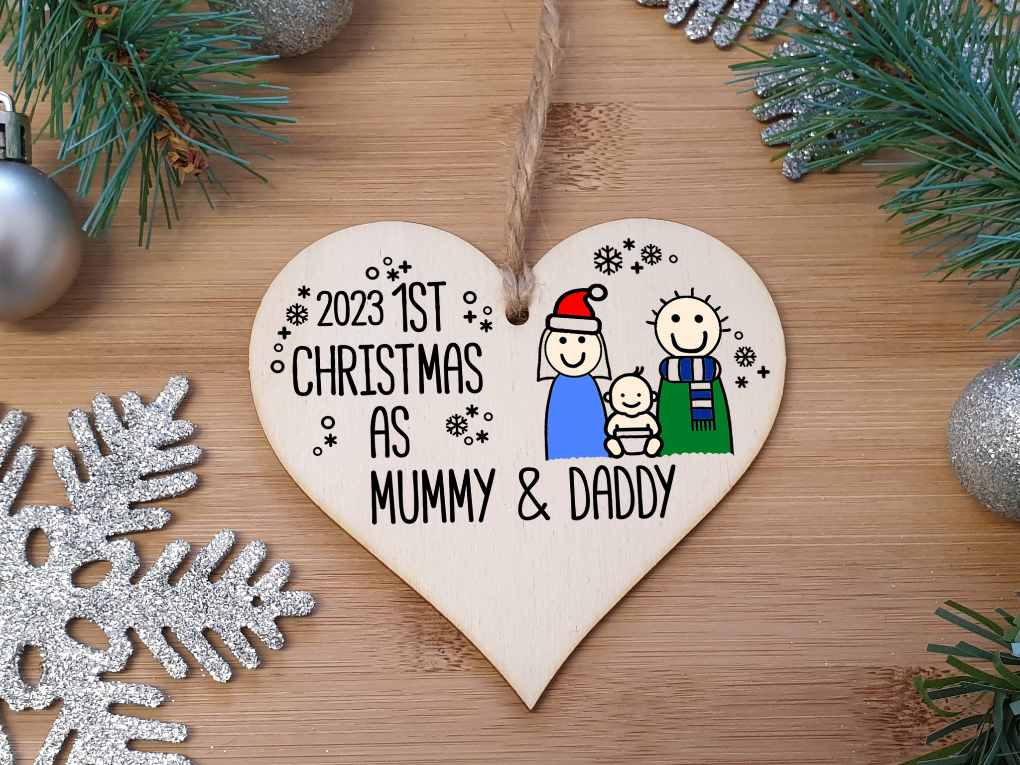 Handmade Wooden Christmas Hanging Heart Plaque Gift 1st Xmas as Mummy & Daddy commemorate new baby arrival new family present tree decoration