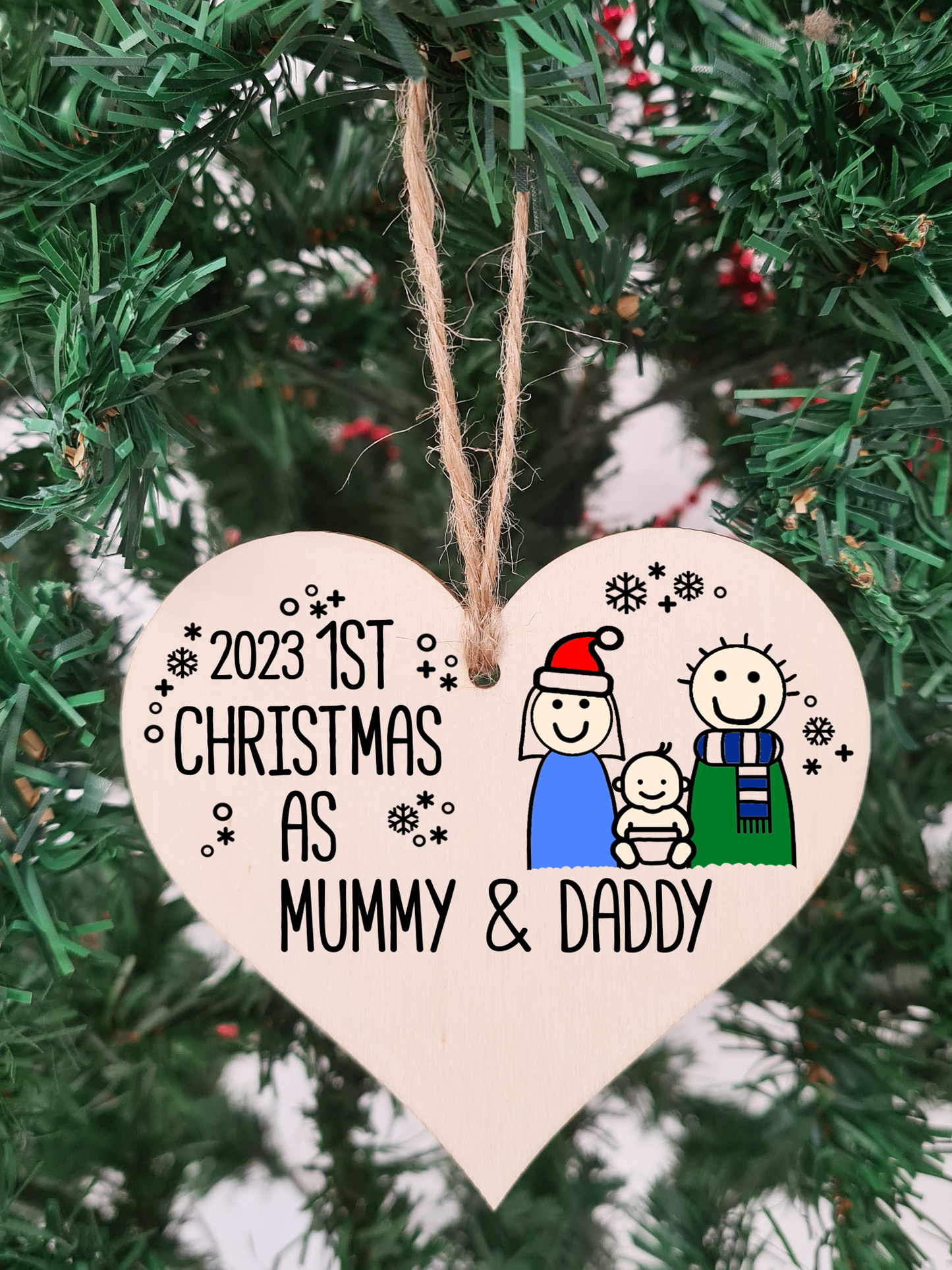 Handmade Wooden Christmas Hanging Heart Plaque Gift 1st Xmas as Mummy & Daddy commemorate new baby arrival new family present tree decoration