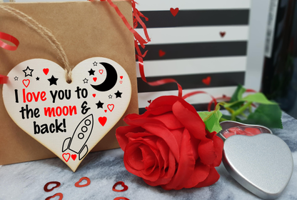 Handmade Wooden Hanging Heart Plaque Valentine's Gift Love You to the moon and back gift for someone special boyfriend girlfriend husband wife funny romantic keepsake