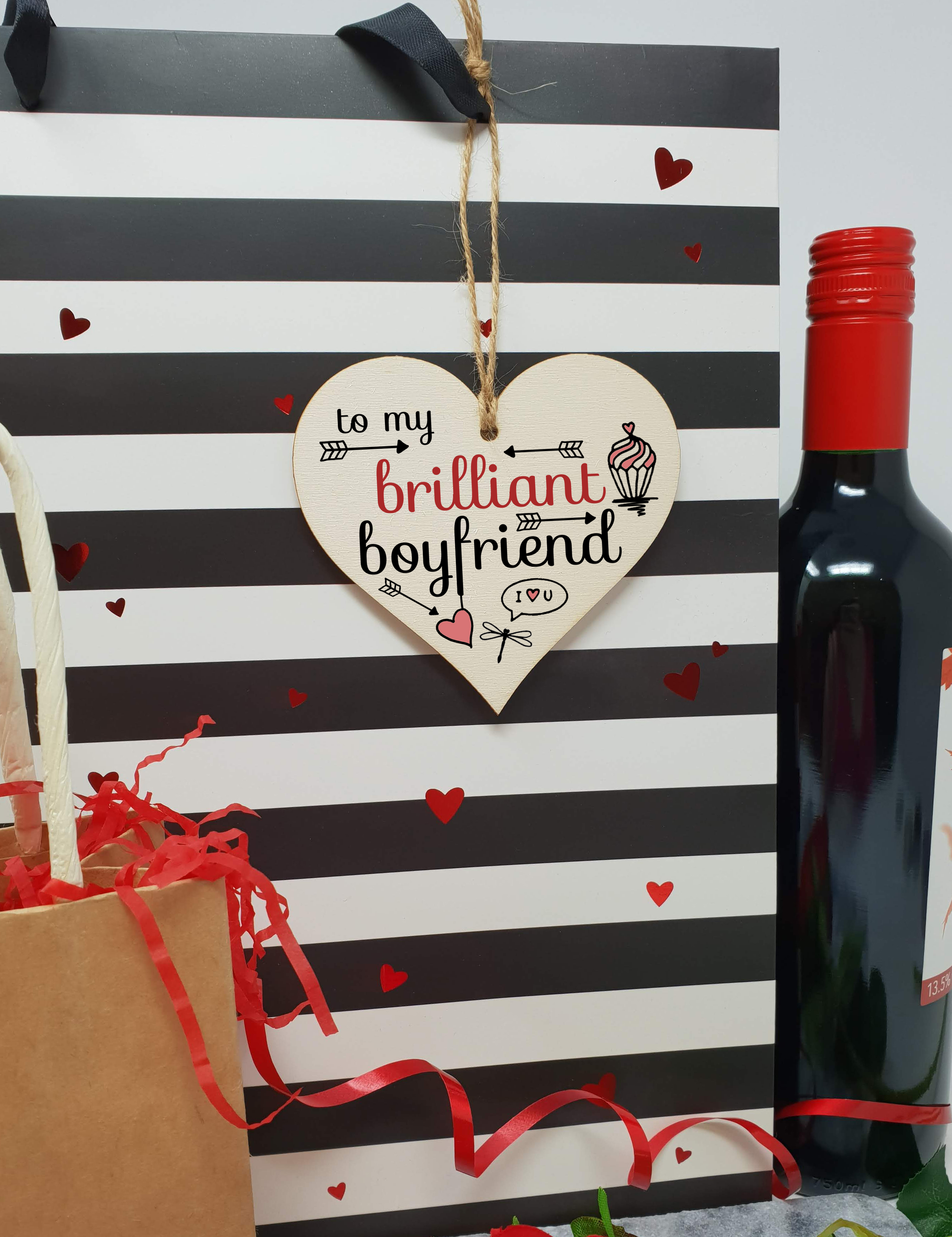 Handmade Wooden Hanging Heart Plaque Valentine's Gift to my Brilliant Boyfriend for someone special lover friend or partner romantic keepsake pretty floral decoration