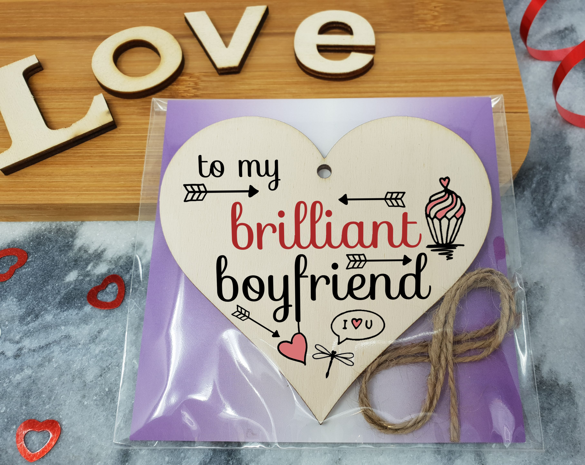 Handmade Wooden Hanging Heart Plaque Valentine's Gift to my Brilliant Boyfriend for someone special lover friend or partner romantic keepsake pretty floral decoration