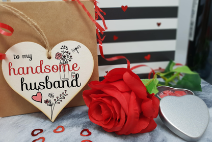Handmade Wooden Hanging Heart Plaque Valentine's Gift to my Handsome Husband for someone special husband and wife romantic keepsake pretty floral decoration