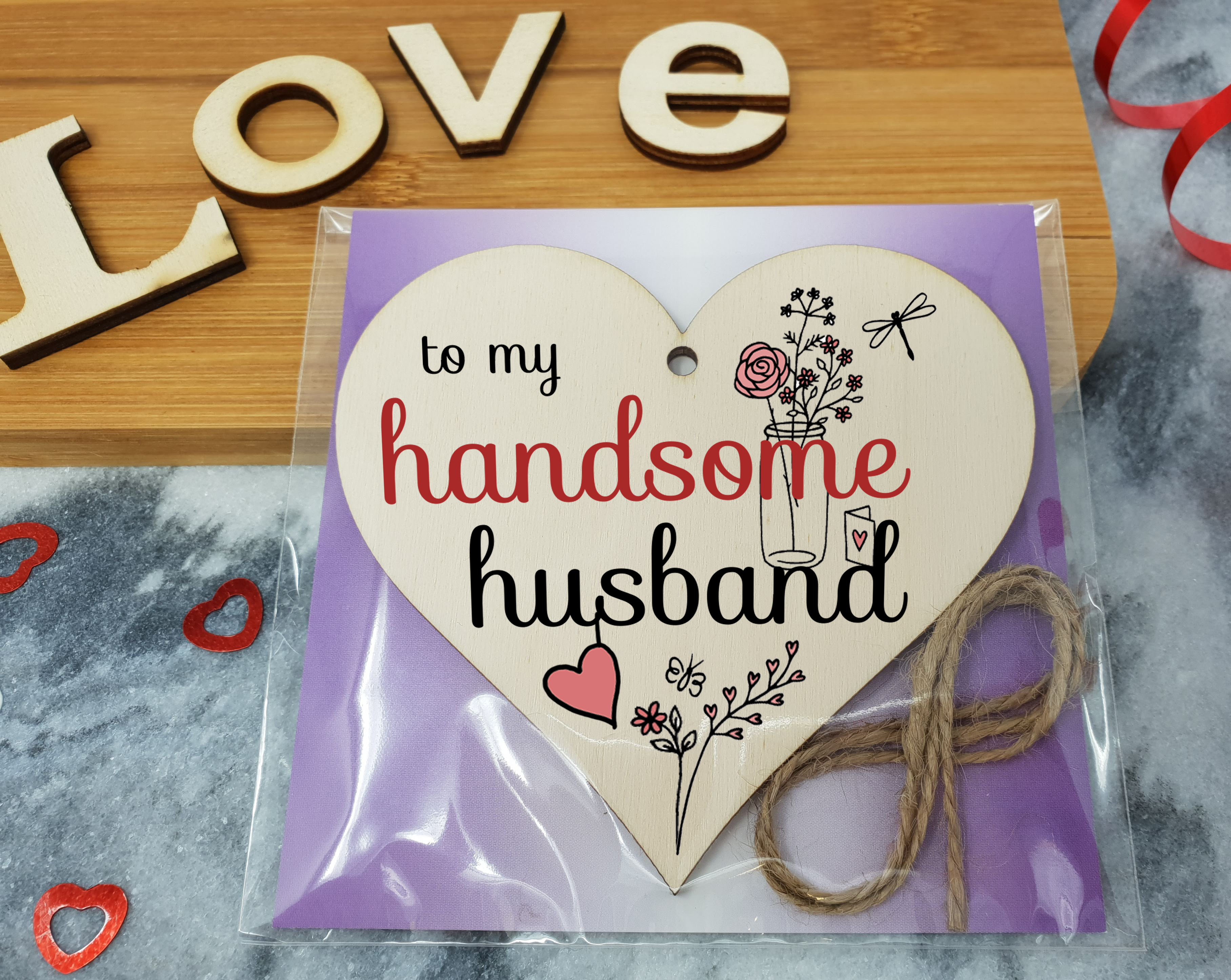 Handmade Wooden Hanging Heart Plaque Valentine's Gift to my Handsome Husband for someone special husband and wife romantic keepsake pretty floral decoration