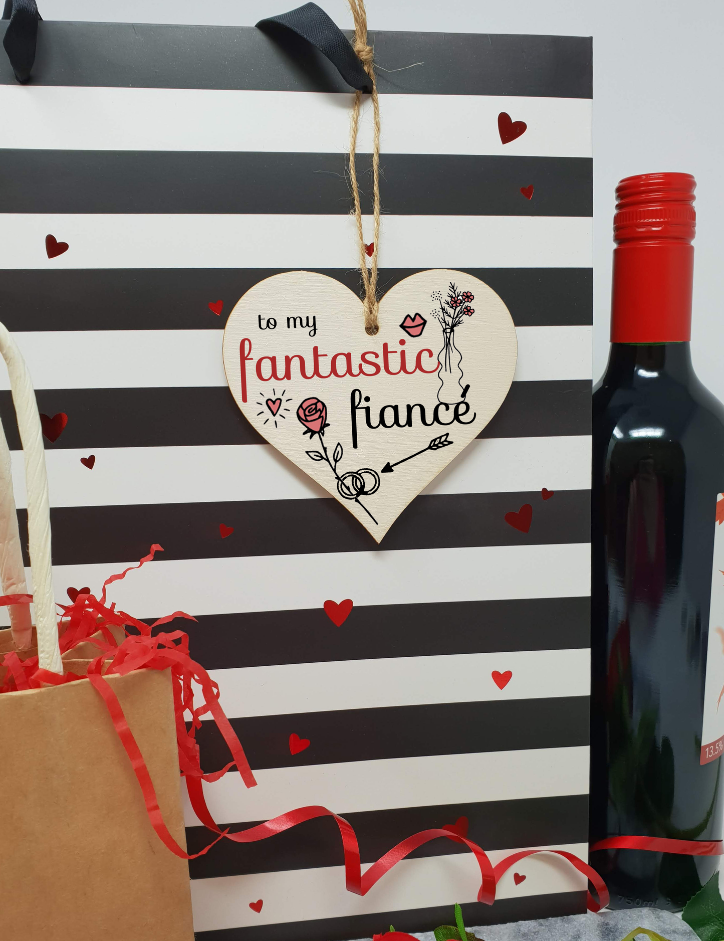 Handmade Wooden Hanging Heart Plaque Valentine's Gift to my Fantastic Fiance for someone special future husband and wife romantic keepsake pretty floral decoration