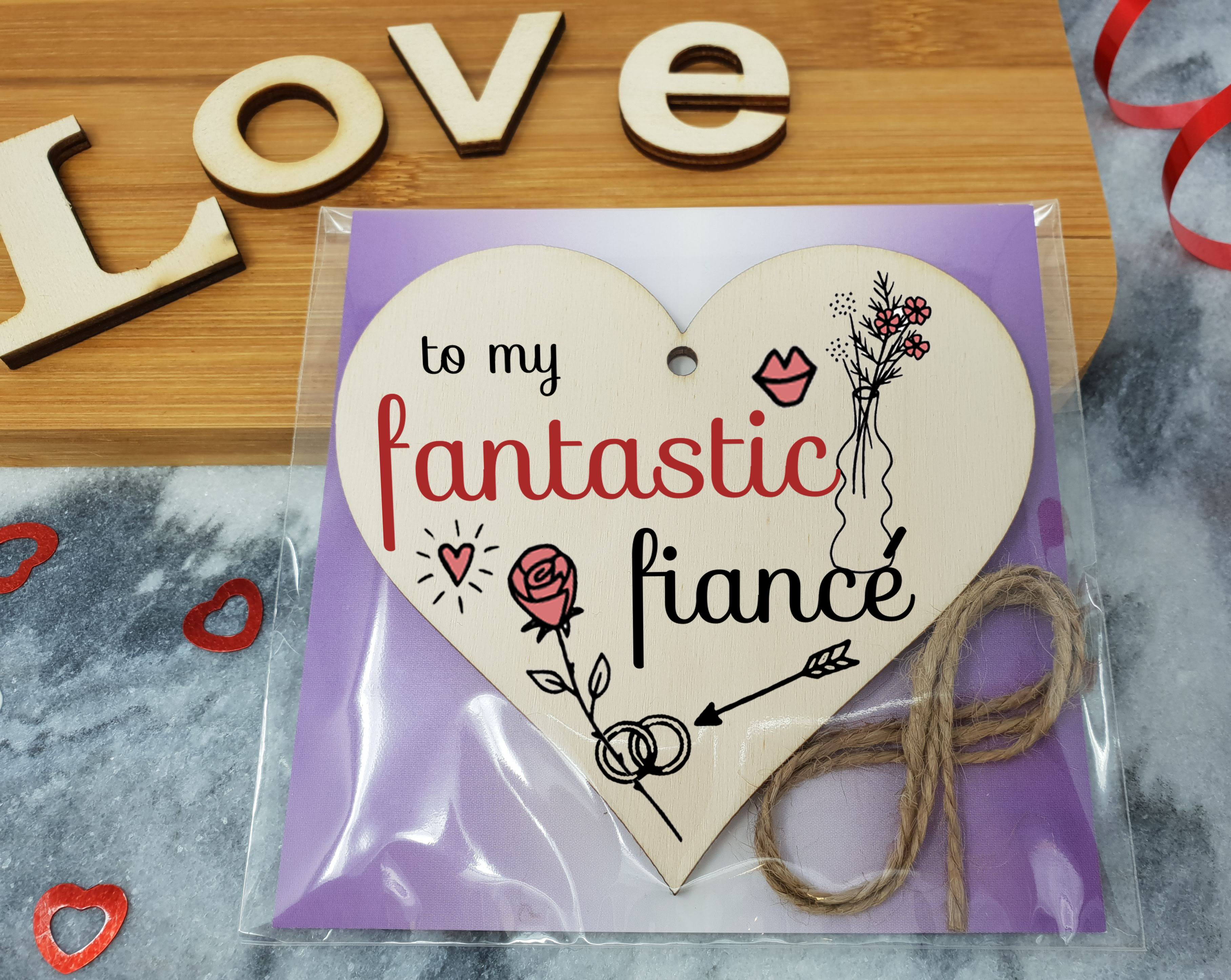 Handmade Wooden Hanging Heart Plaque Valentine's Gift to my Fantastic Fiance for someone special future husband and wife romantic keepsake pretty floral decoration