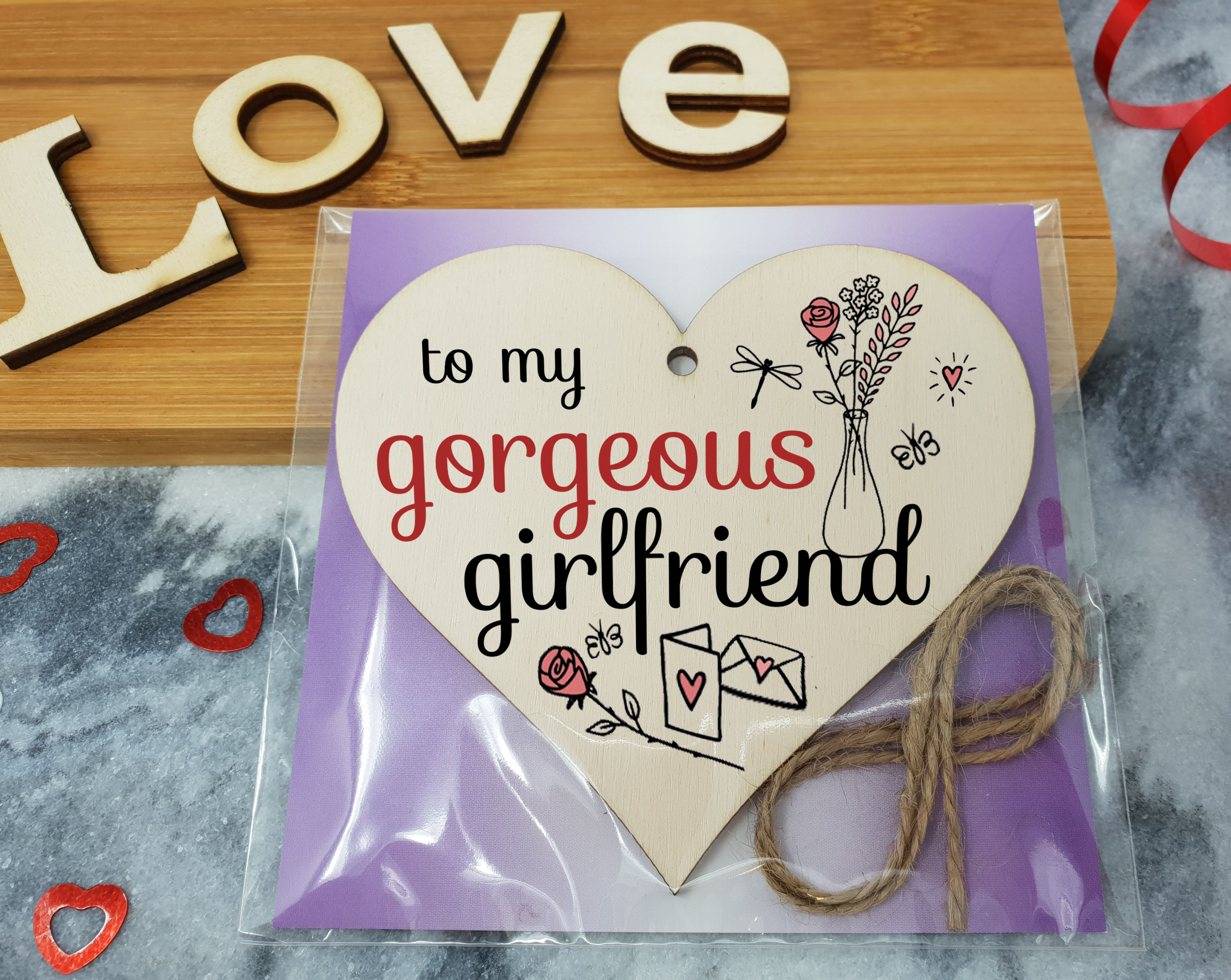 Handmade Wooden Hanging Heart Plaque Valentine's Gift to my Gorgeous Girlfriend for someone special boyfriend or partner romantic keepsake pretty floral decoration