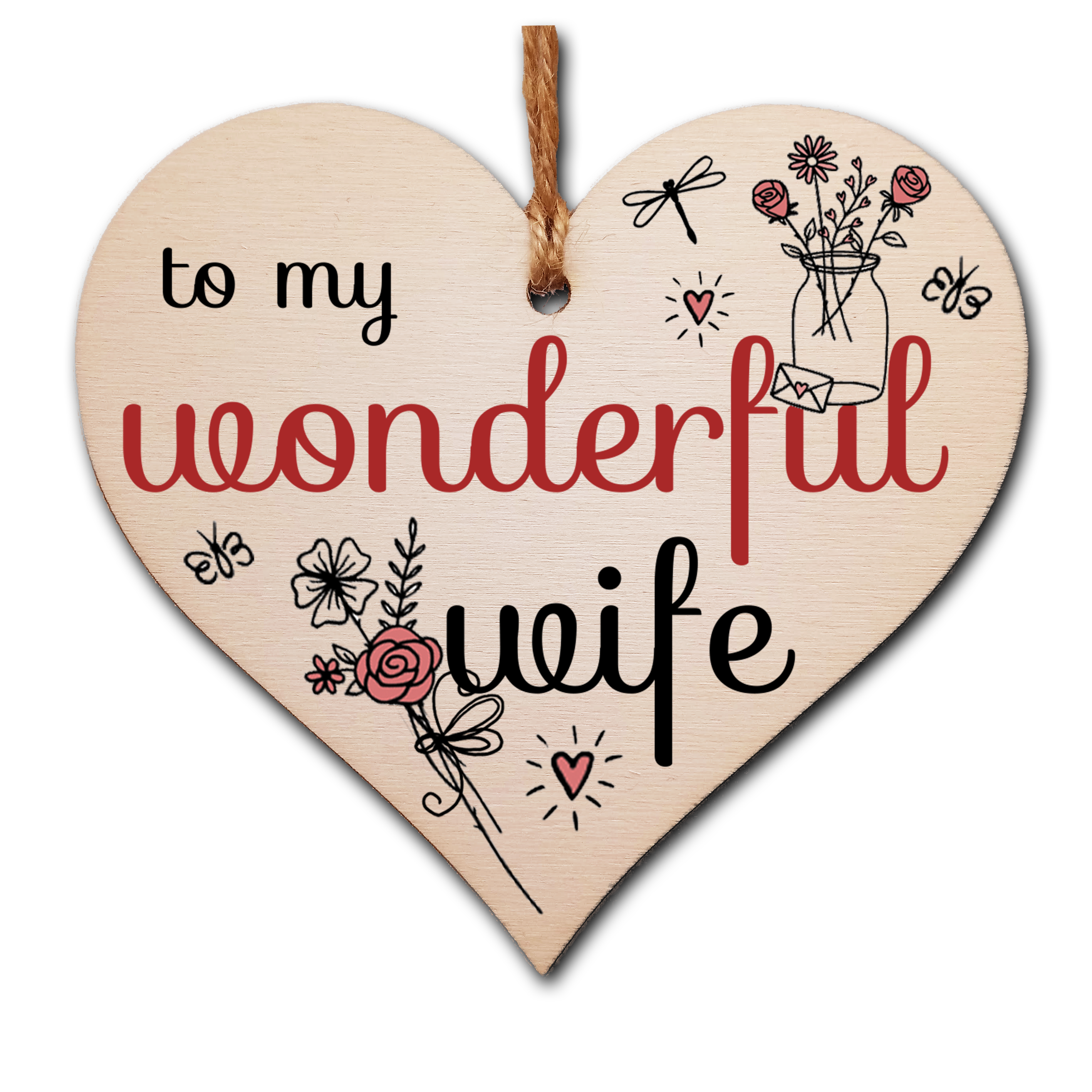 Handmade Wooden Hanging Heart Plaque Valentine's Gift to my Wonderful Wife for someone special husband and wife romantic keepsake pretty floral decoration
