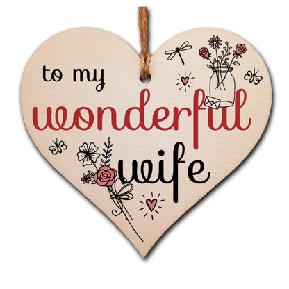 Handmade Wooden Hanging Heart Plaque Valentine's Gift to my Wonderful Wife for someone special husband and wife romantic keepsake pretty floral decoration