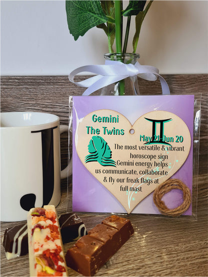 Handmade Wooden Hanging Heart Plaque Gift Signs of the Zodiac Gemini Astrological Star Sign Keepsake Card Alternative
