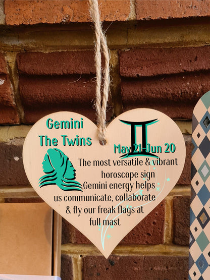 Handmade Wooden Hanging Heart Plaque Gift Signs of the Zodiac Gemini Astrological Star Sign Keepsake Card Alternative