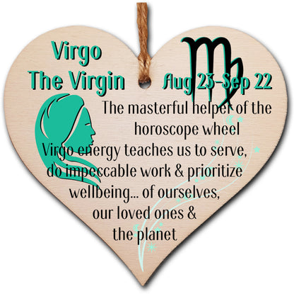 Handmade Wooden Hanging Heart Plaque Gift Signs of the Zodiac Virgo Astrological Star Sign Keepsake Card Alternative