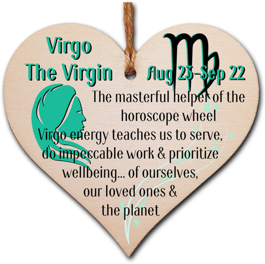 Handmade Wooden Hanging Heart Plaque Gift Signs of the Zodiac Virgo Astrological Star Sign Keepsake Card Alternative