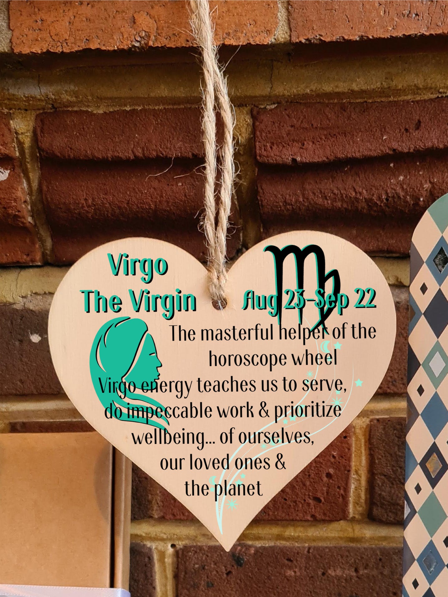 Handmade Wooden Hanging Heart Plaque Gift Signs of the Zodiac Virgo Astrological Star Sign Keepsake Card Alternative