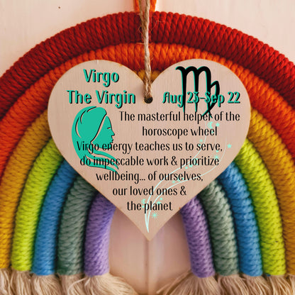 Handmade Wooden Hanging Heart Plaque Gift Signs of the Zodiac Virgo Astrological Star Sign Keepsake Card Alternative