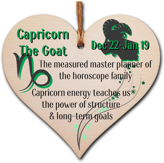 Handmade Wooden Hanging Heart Plaque Gift Signs of the Zodiac Capricorn Astrological Star Sign Keepsake Card Alternative