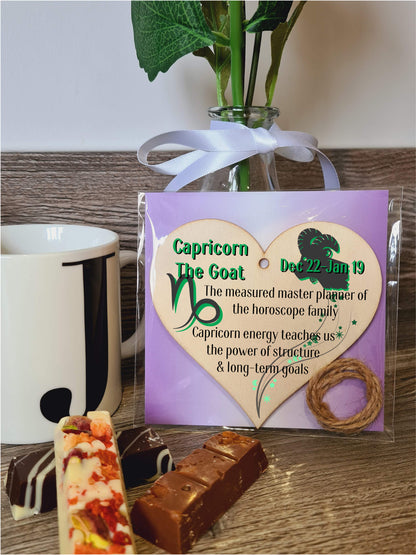 Handmade Wooden Hanging Heart Plaque Gift Signs of the Zodiac Capricorn Astrological Star Sign Keepsake Card Alternative
