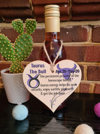 Handmade Wooden Hanging Heart Plaque Gift Signs of the Zodiac Taurus Astrological Star Sign Keepsake Card Alternative