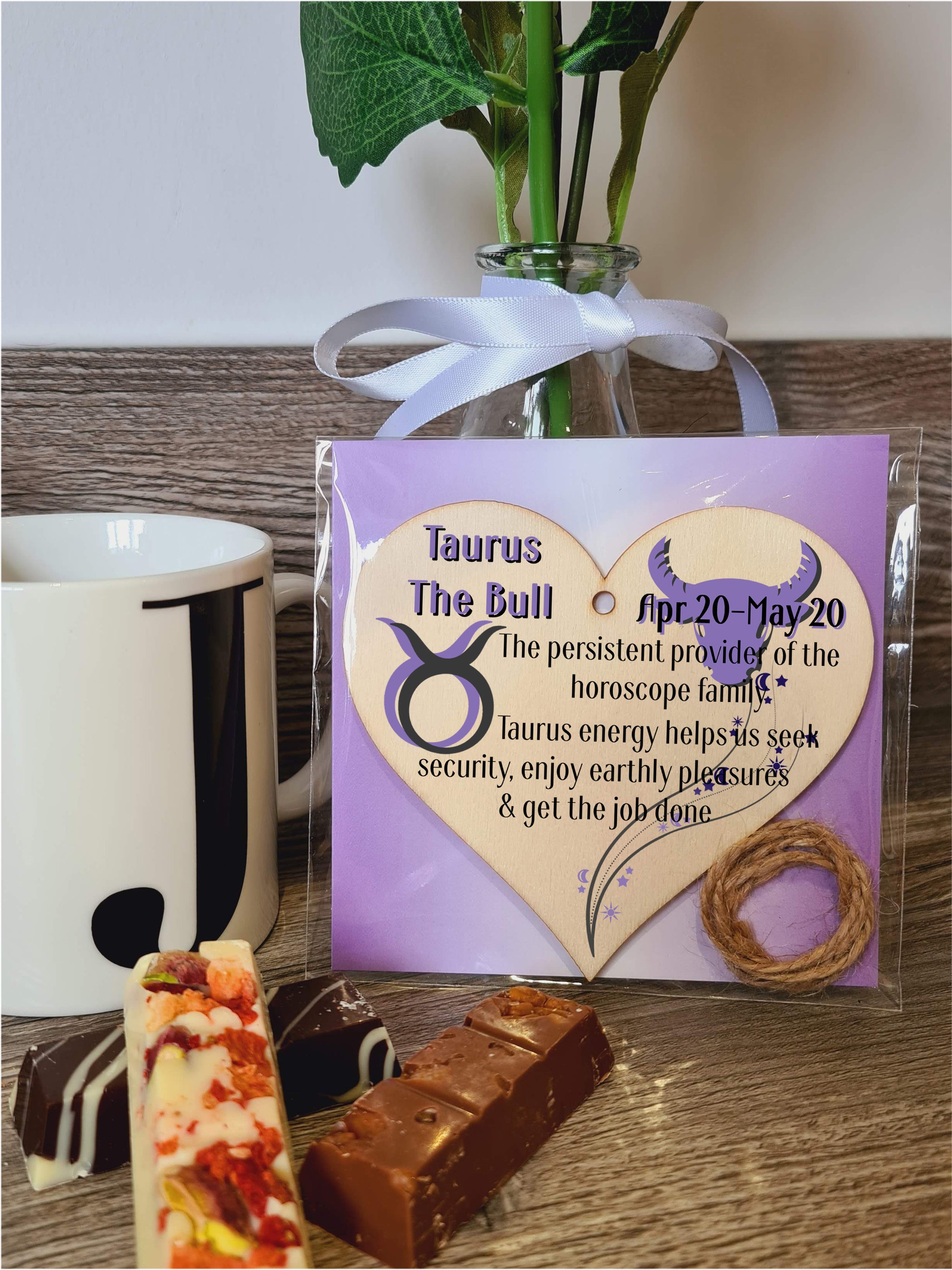 Handmade Wooden Hanging Heart Plaque Gift Signs of the Zodiac Taurus Astrological Star Sign Keepsake Card Alternative