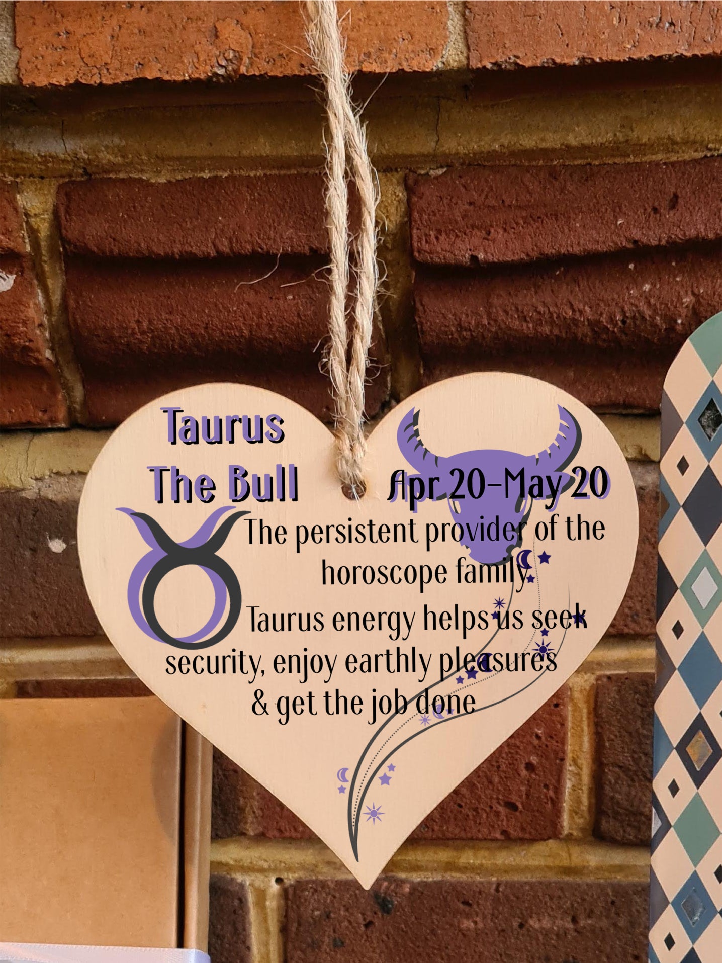 Handmade Wooden Hanging Heart Plaque Gift Signs of the Zodiac Taurus Astrological Star Sign Keepsake Card Alternative
