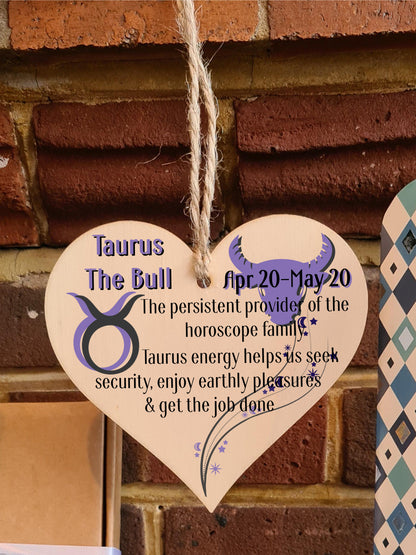 Handmade Wooden Hanging Heart Plaque Gift Signs of the Zodiac Taurus Astrological Star Sign Keepsake Card Alternative