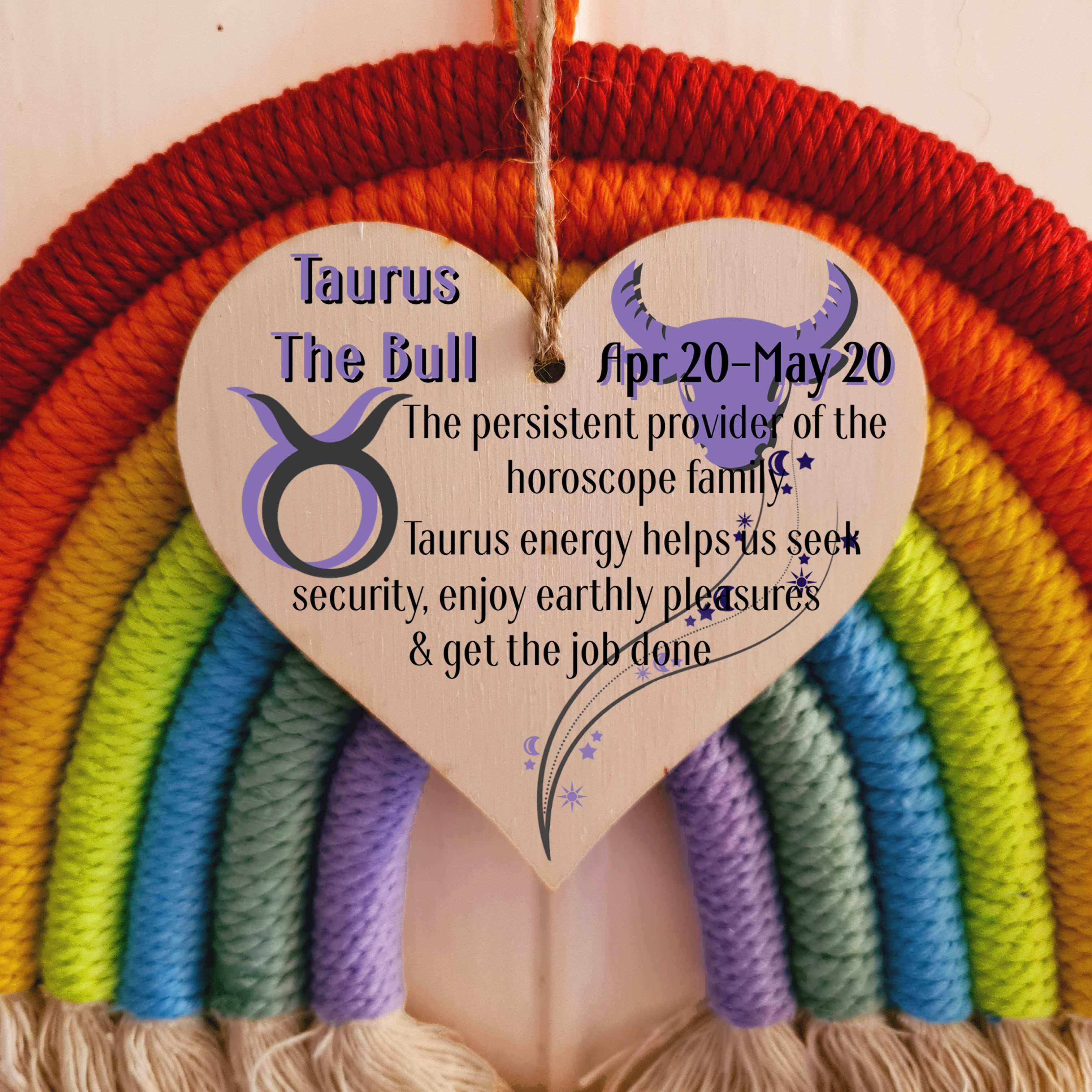 Handmade Wooden Hanging Heart Plaque Gift Signs of the Zodiac Taurus Astrological Star Sign Keepsake Card Alternative