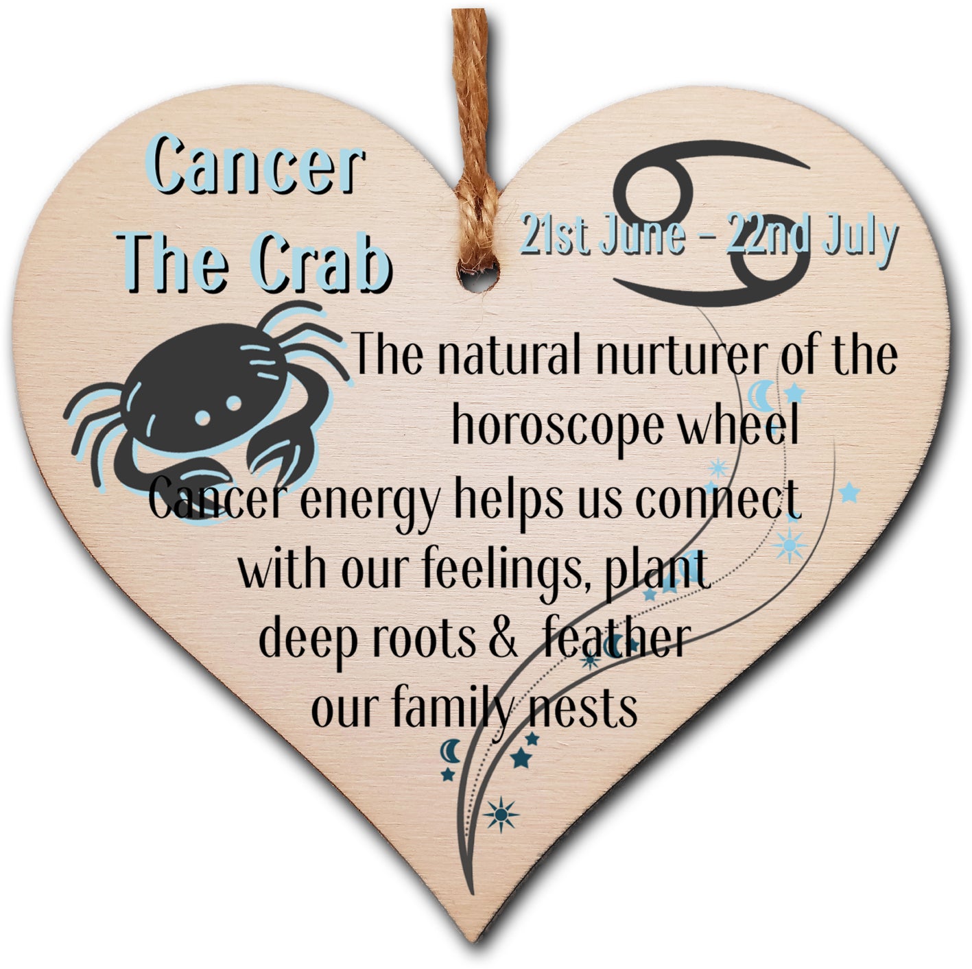 Handmade Wooden Hanging Heart Plaque Gift Signs of the Zodiac Cancer Astrological Star Sign Keepsake Card Alternative