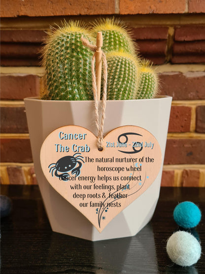 Handmade Wooden Hanging Heart Plaque Gift Signs of the Zodiac Cancer Astrological Star Sign Keepsake Card Alternative