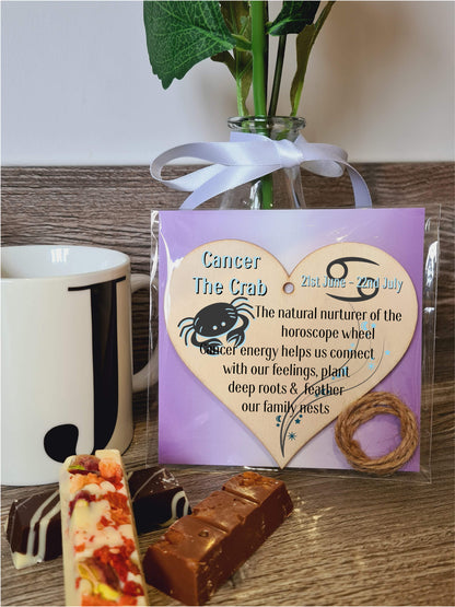 Handmade Wooden Hanging Heart Plaque Gift Signs of the Zodiac Cancer Astrological Star Sign Keepsake Card Alternative
