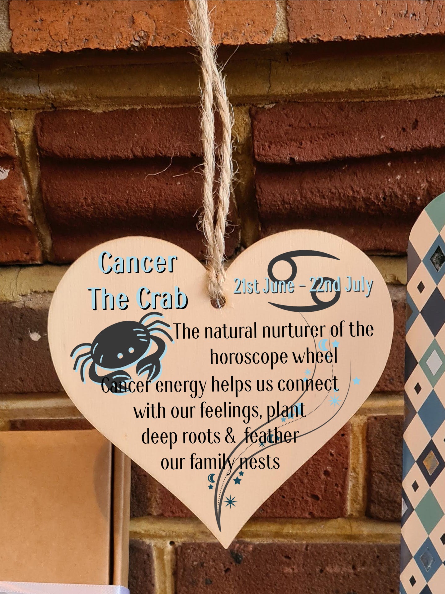 Handmade Wooden Hanging Heart Plaque Gift Signs of the Zodiac Cancer Astrological Star Sign Keepsake Card Alternative