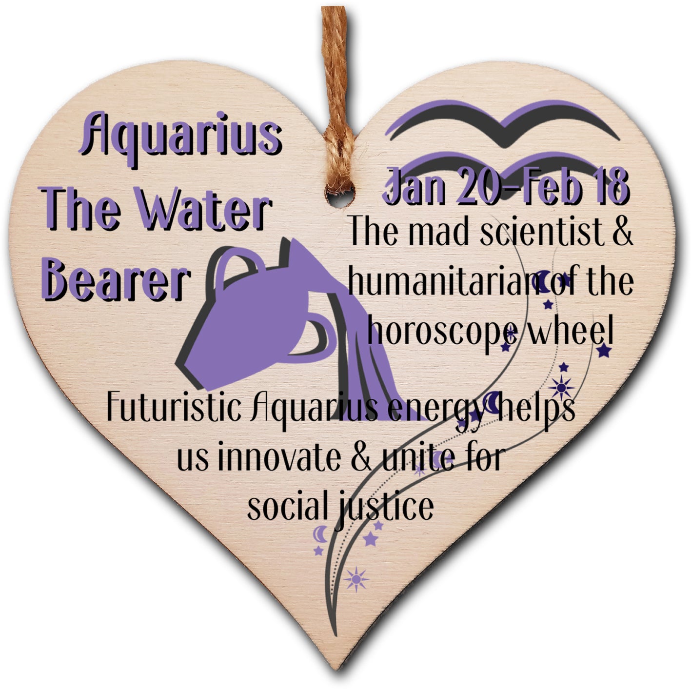Handmade Wooden Hanging Heart Plaque Gift Signs of the Zodiac Aquarius Astrological Star Sign Keepsake Card Alternative