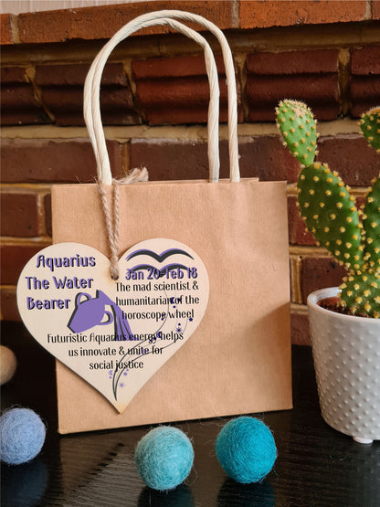 Handmade Wooden Hanging Heart Plaque Gift Signs of the Zodiac Aquarius Astrological Star Sign Keepsake Card Alternative