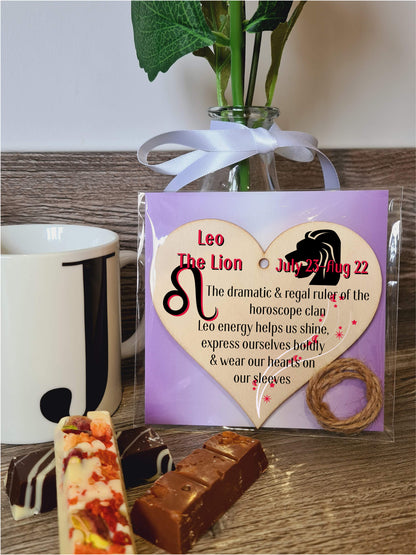 Handmade Wooden Hanging Heart Plaque Gift Signs of the Zodiac Leo Astrological Star Sign Keepsake Card Alternative