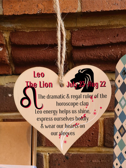 Handmade Wooden Hanging Heart Plaque Gift Signs of the Zodiac Leo Astrological Star Sign Keepsake Card Alternative