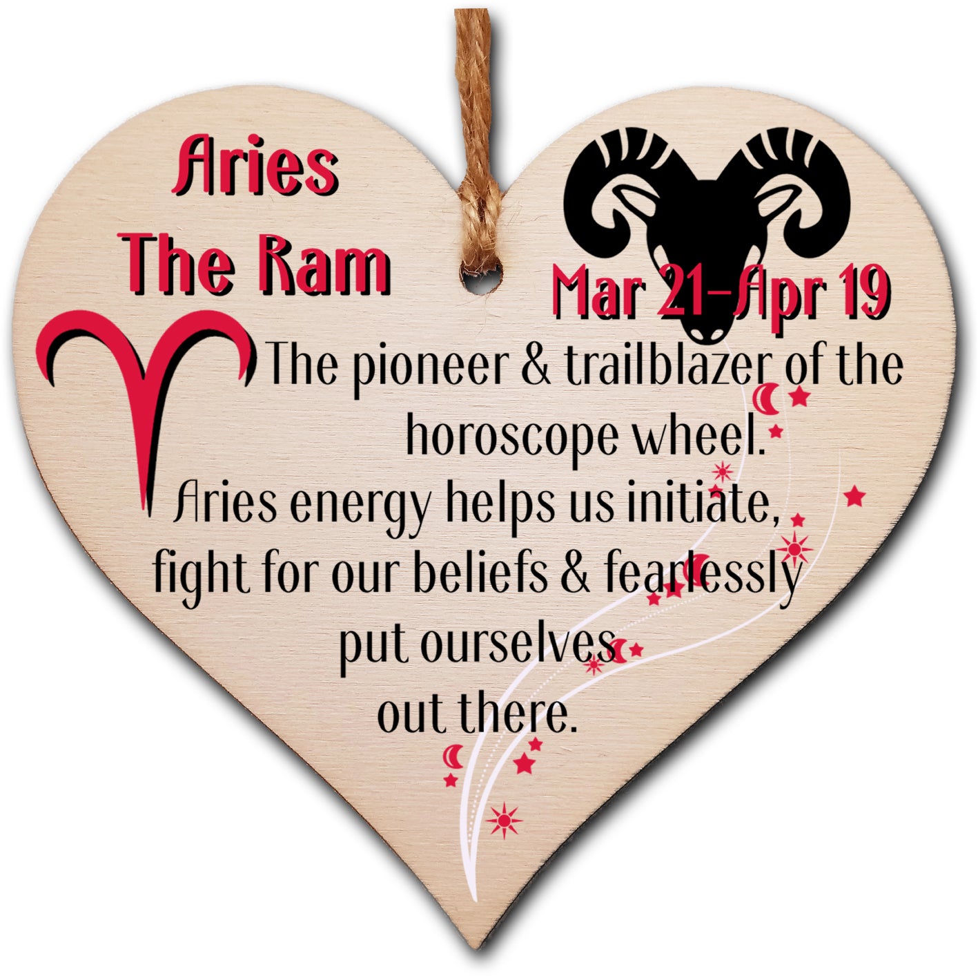 Handmade Wooden Hanging Heart Plaque Gift Signs of the Zodiac Aries Astrological Star Sign Keepsake Card Alternative